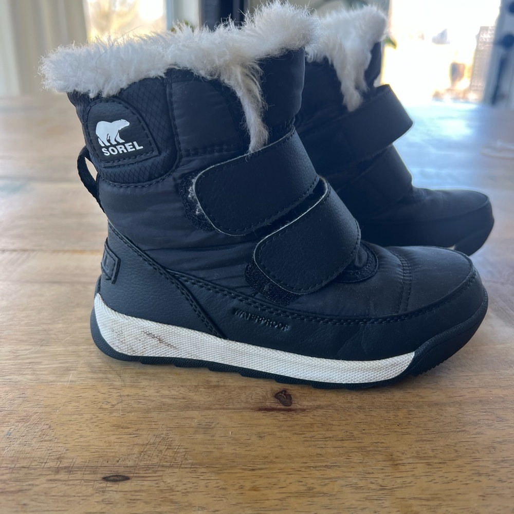 Sorel Black Kids Snow Boots with White Trim